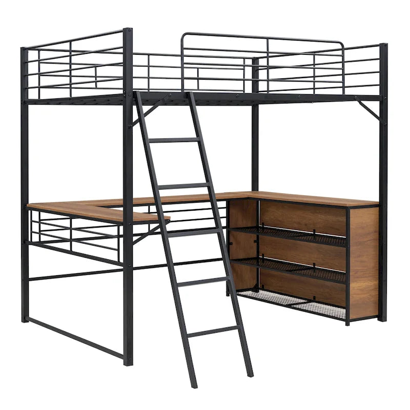 Lit mezzanine en métal pleine taille avec 3 étagères et bureau en L, noir