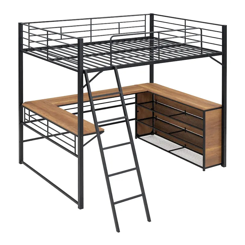 Lit mezzanine en métal pleine taille avec 3 étagères et bureau en L, noir