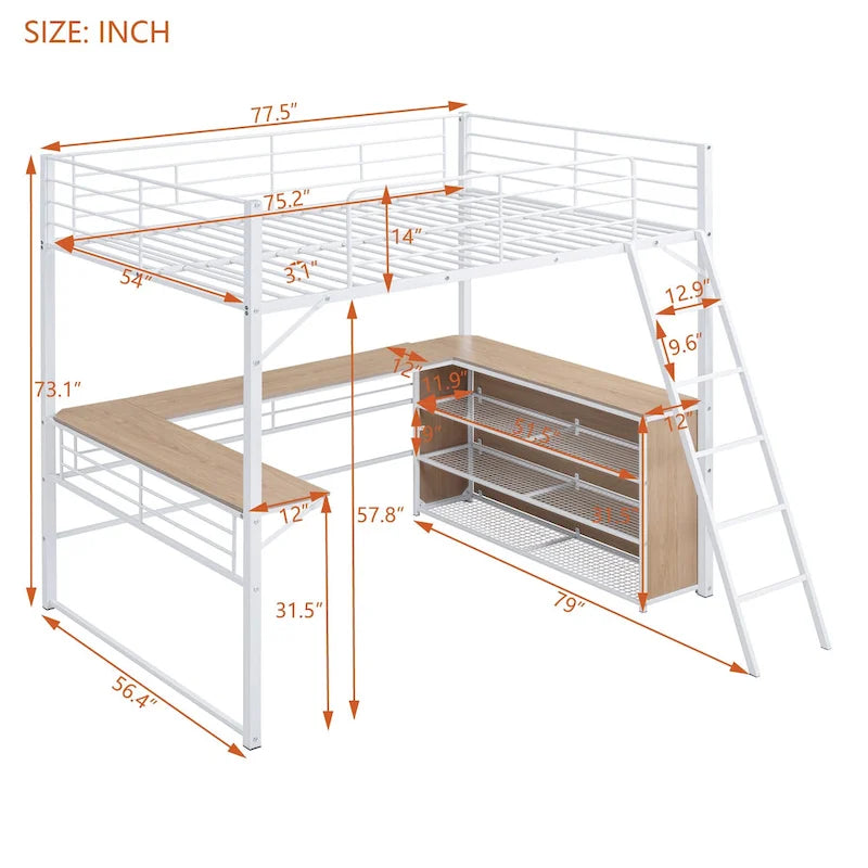 Lit mezzanine en métal pleine taille avec 3 étagères et bureau en L, noir