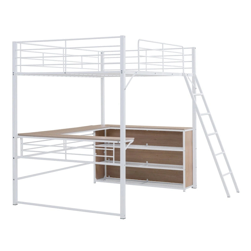 Lit mezzanine en métal pleine taille avec 3 étagères et bureau en L, noir