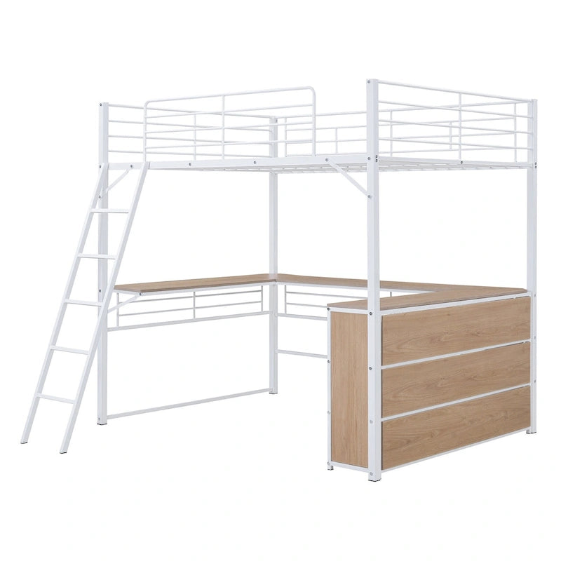 Lit mezzanine en métal pleine taille avec 3 étagères et bureau en L, noir