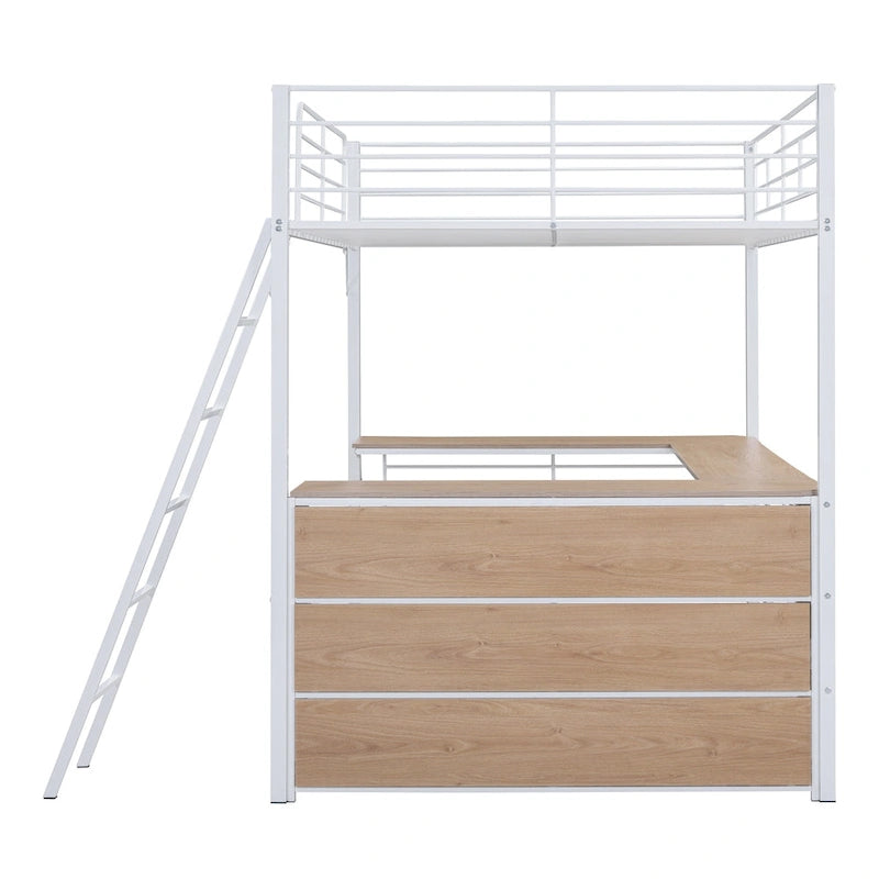 Lit mezzanine en métal pleine taille avec 3 étagères et bureau en L, noir