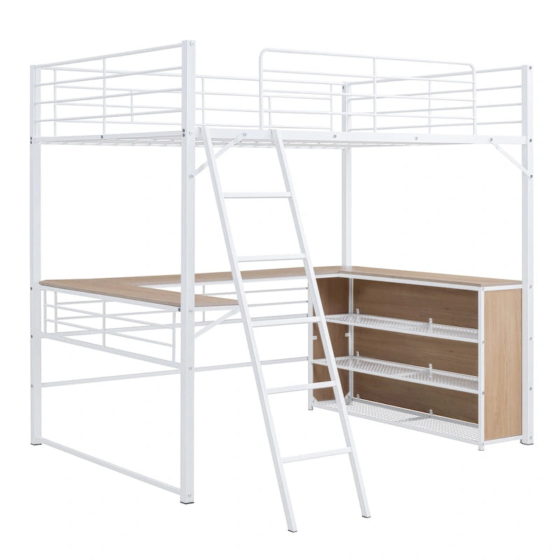 Lit mezzanine en métal pleine taille avec 3 étagères et bureau en L, noir