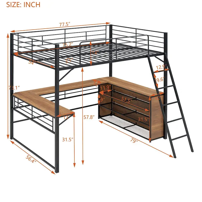 Lit mezzanine en métal pleine taille avec 3 étagères et bureau en L, noir