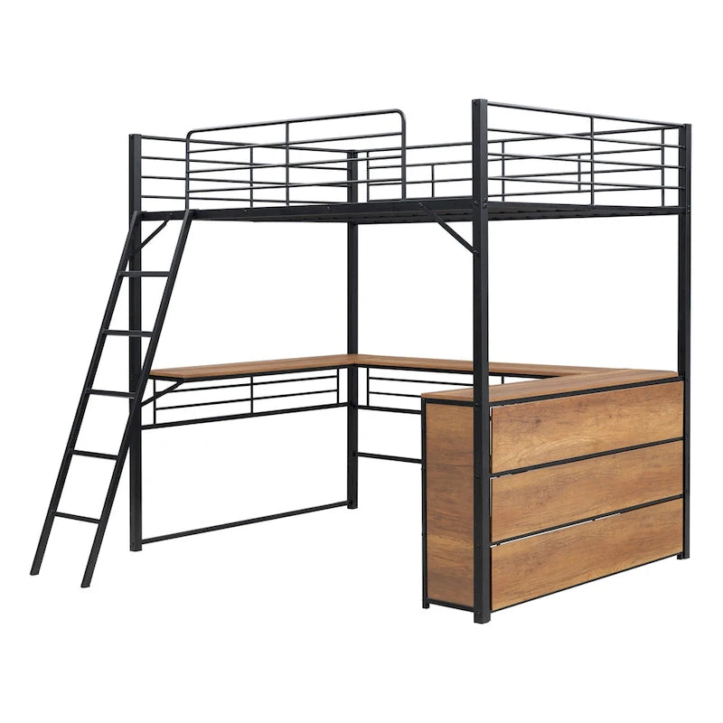 Lit mezzanine en métal pleine taille avec 3 étagères et bureau en L, noir