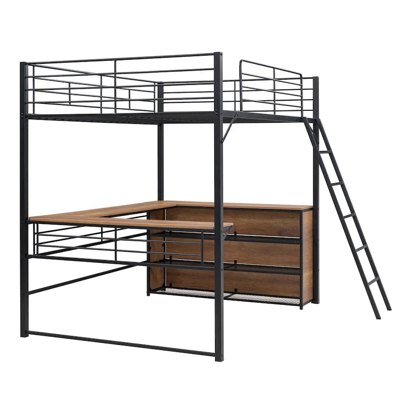 Lit mezzanine en métal pleine taille avec 3 étagères et bureau en L, noir
