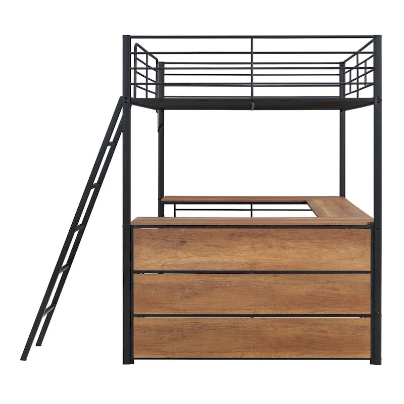 Lit mezzanine en métal pleine taille avec 3 étagères et bureau en L, noir