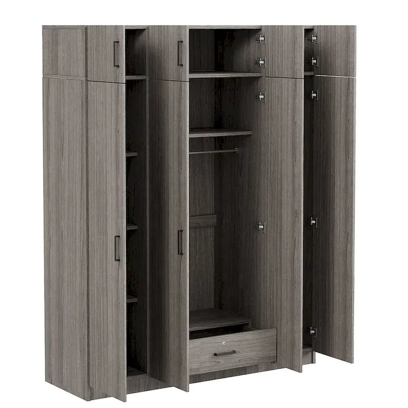 Armoire avec plusieurs rangements et un élément haut.