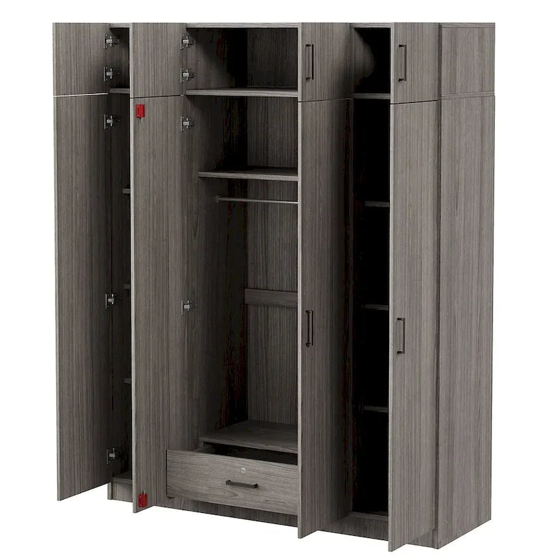 Armoire avec plusieurs rangements et un élément haut.