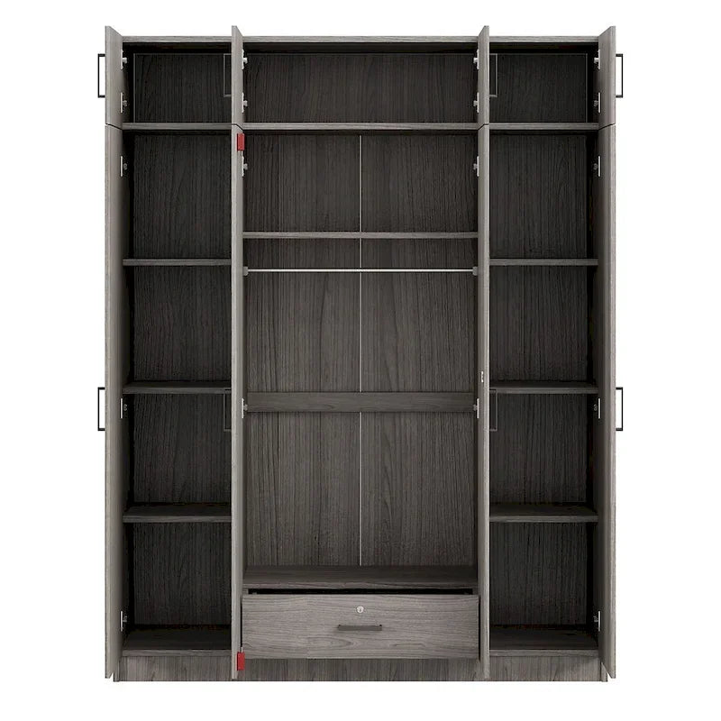 Armoire avec plusieurs rangements et un élément haut.