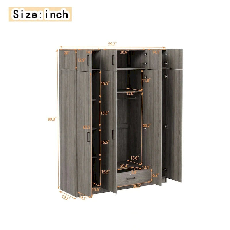 Armoire avec plusieurs rangements et un élément haut.
