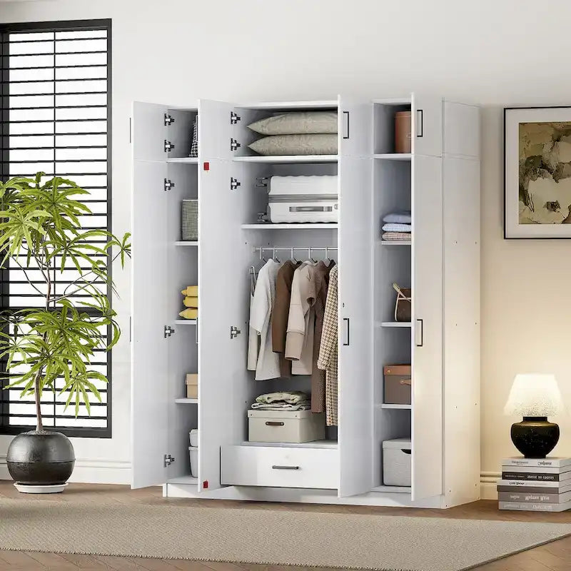 Armoire avec plusieurs rangements et un élément haut.