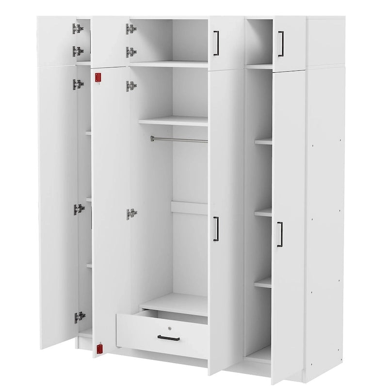 Armoire avec plusieurs rangements et un élément haut.