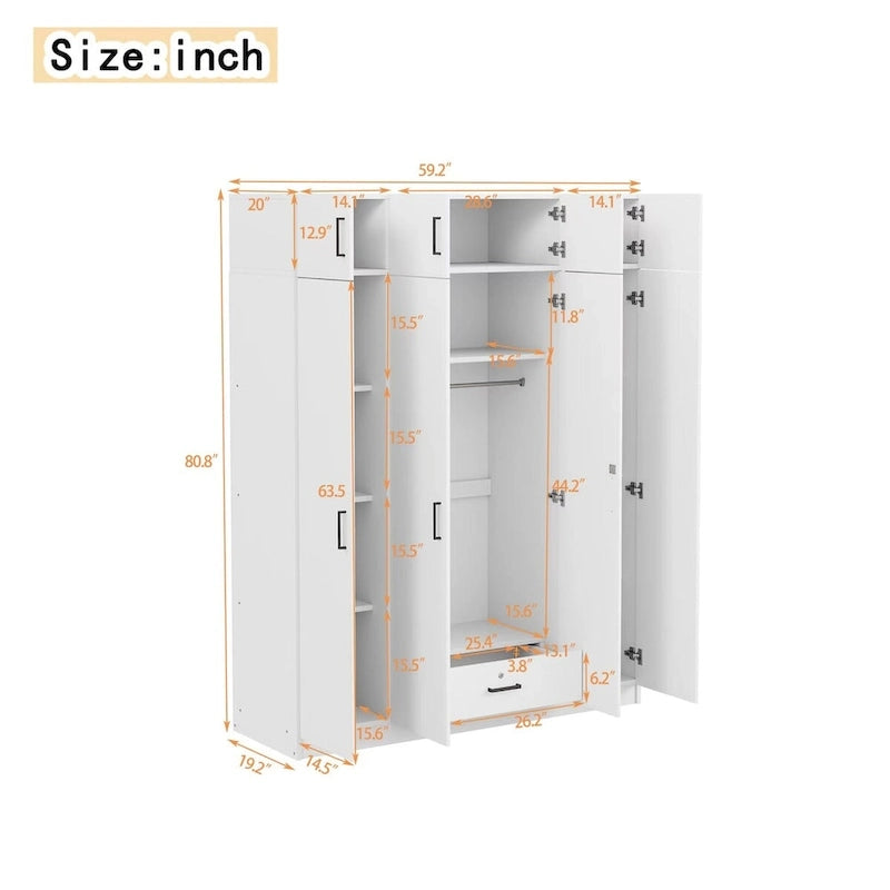 Armoire avec plusieurs rangements et un élément haut.