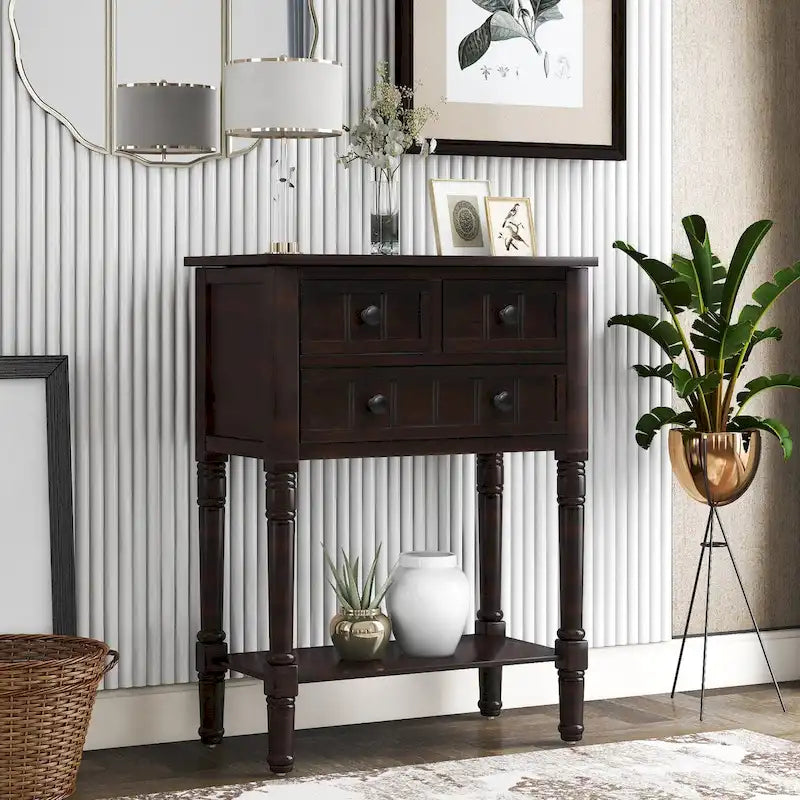 Table de canapé en bois massif avec trois tiroirs de rangement et étagère inférieure