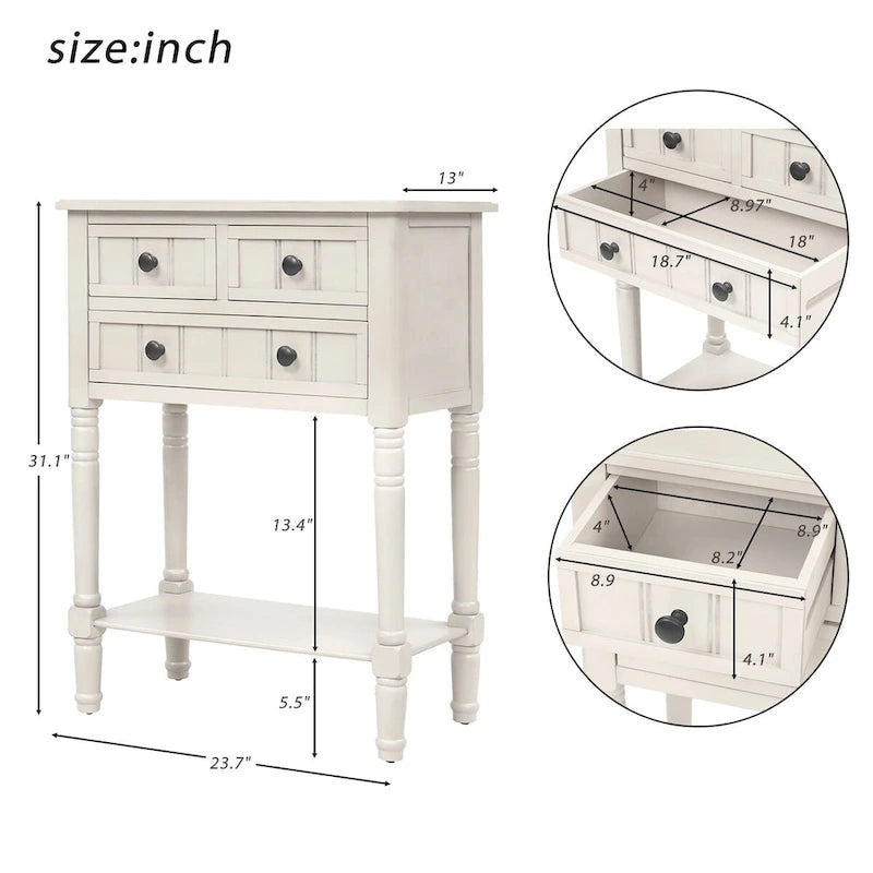 Table de canapé en bois massif avec trois tiroirs de rangement et étagère inférieure