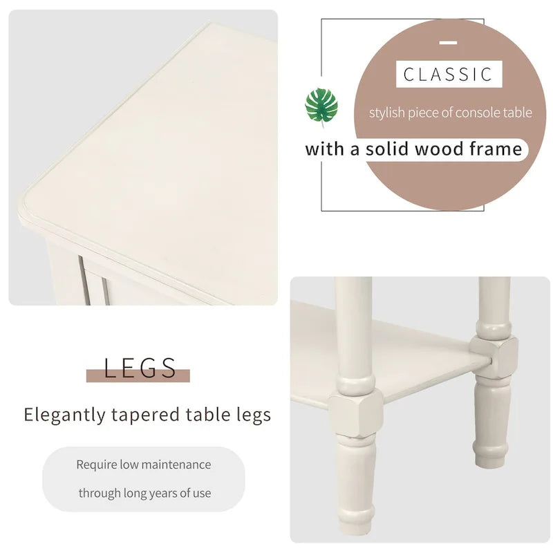 Table de canapé en bois massif avec trois tiroirs de rangement et étagère inférieure