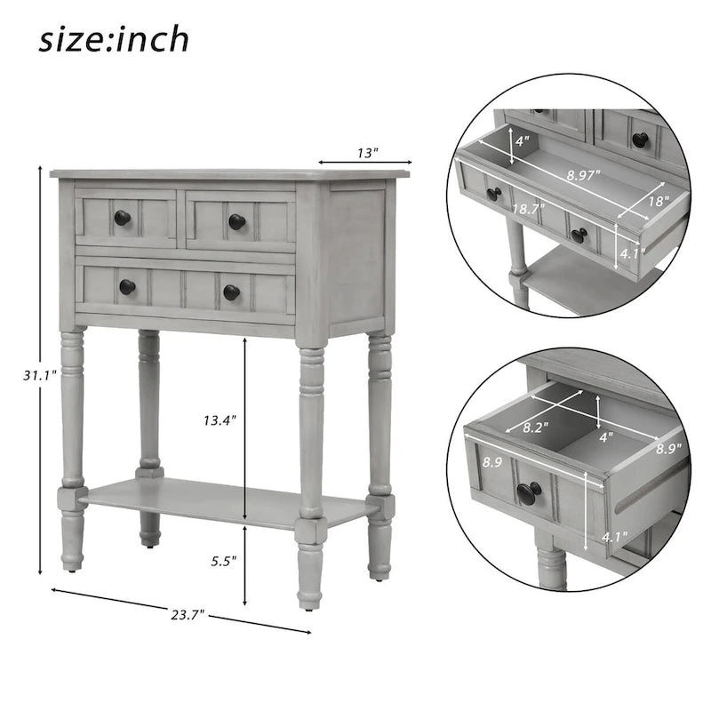 Table de canapé en bois massif avec trois tiroirs de rangement et étagère inférieure