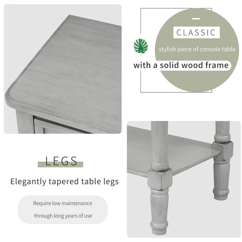 Table de canapé en bois massif avec trois tiroirs de rangement et étagère inférieure