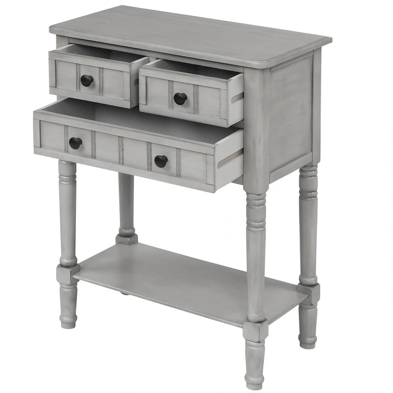 Table de canapé en bois massif avec trois tiroirs de rangement et étagère inférieure