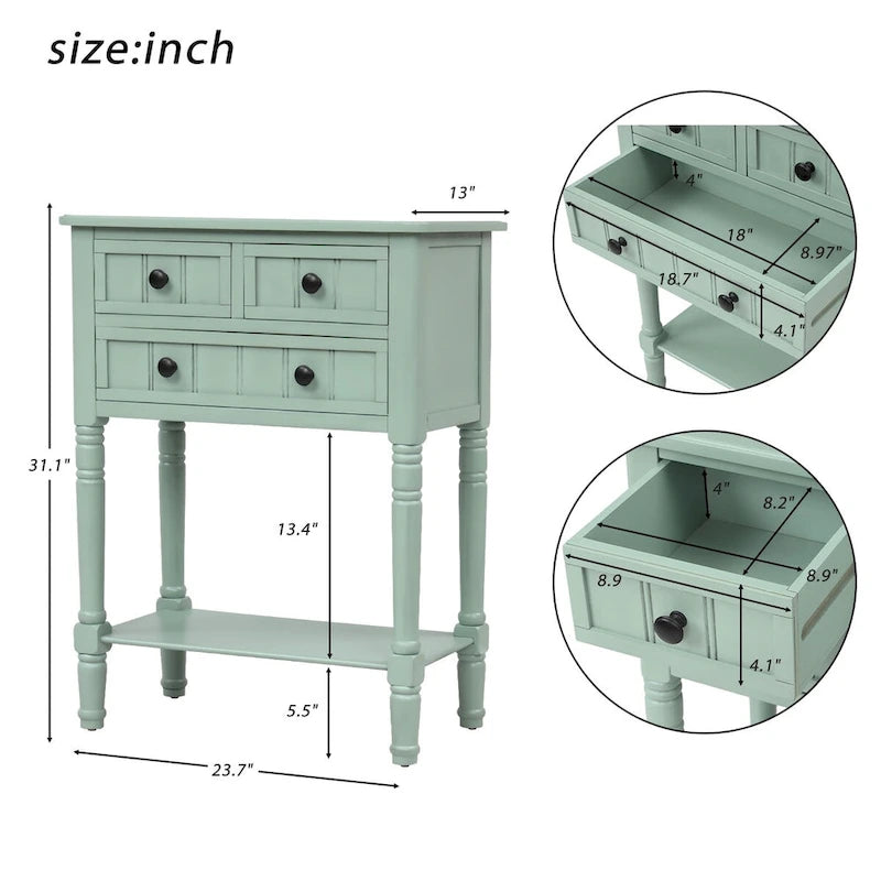 Table de canapé en bois massif avec trois tiroirs de rangement et étagère inférieure