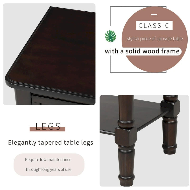 Table de canapé en bois massif avec trois tiroirs de rangement et étagère inférieure