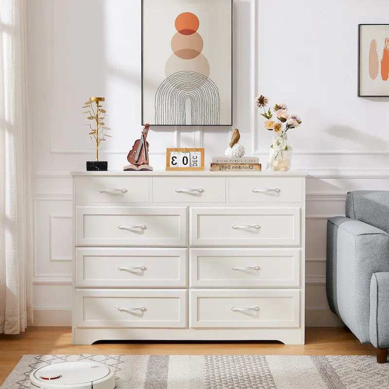 Commode de chambre, commode longue à 9 tiroirs avec poignées antiques, commode en bois