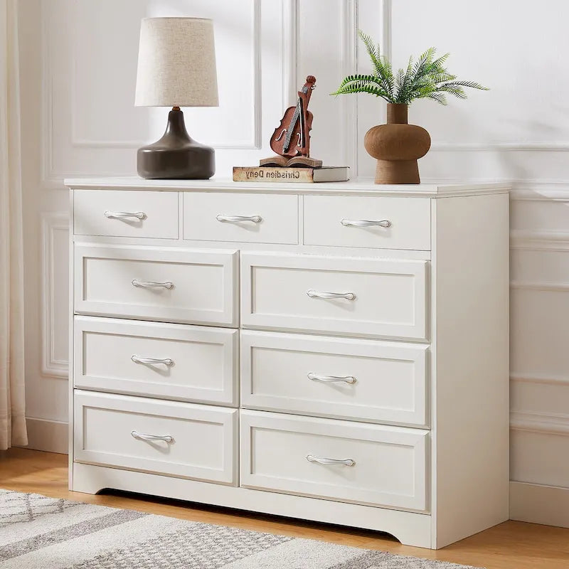 Commode de chambre, commode longue à 9 tiroirs avec poignées antiques, commode en bois