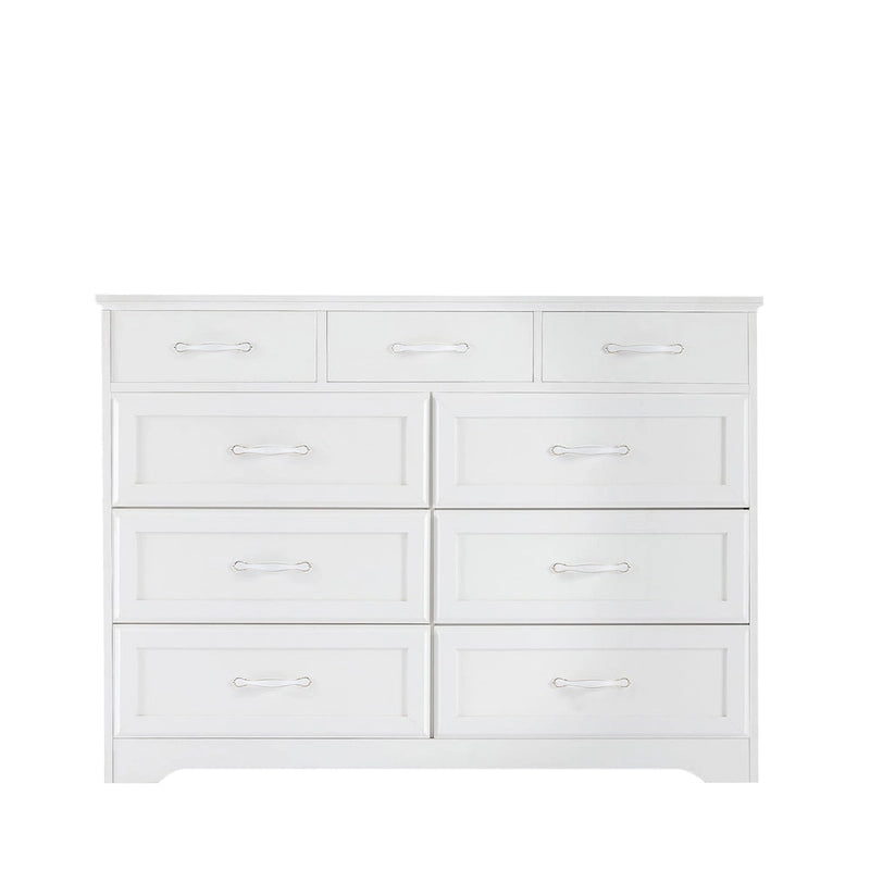Commode de chambre, commode longue à 9 tiroirs avec poignées antiques, commode en bois